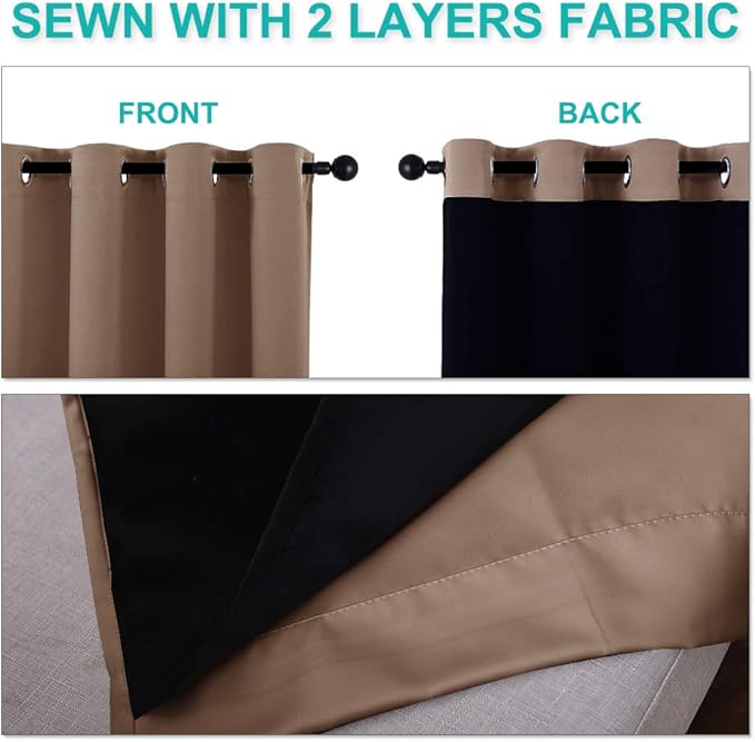 NICETOWN Bedroom Full Blackout Curtain Panels, Super Thick Insulated Window Covers, Keeping Out Cold Air and Heat 100% Blackout Blinds with Black Liner (Cappuccino, Set of 2 PCs, 55 by 57-inch)