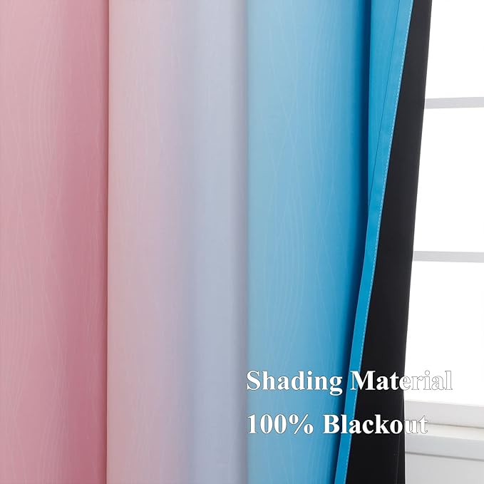 Ombre Pink and Blue Blackout Curtains 45 Inches Long, Full Light Blocking Curtains for Bedroom, Wavy Line Pattern Grommet Thermal Insulated Gradient Drapes for Living Room,52x45 Inch, 2 Panels