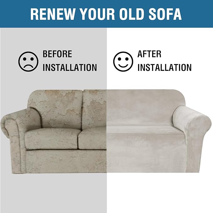 H.VERSAILTEX Stretch Velvet Sofa Covers Large Couch Covers Sofa Slipcovers Furniture Protector Soft with Non Slip Elastic Bottom, Feature Thick Comfy Rich Velour (Extra Wide Sofa 98"-105", Oatmeal)