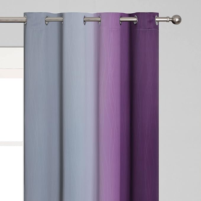 Purple and Grey Blackout Curtains 45 Inches Long,Ombre and Wavy Line Pattern 100% Blackout Curtains for Bedroom,Full Light Blocking Grommet Thermal Insulated Drapes for Kids Room, 52x45 Inch, 2 Panels