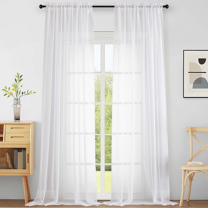 Extra Wide Sheer White Curtains 144 Inches Long 2 Panels, Extra Long Light Filtering Soft Airy Transparent Patio Curtains for Sliding Glass Door, Top Dual Rod Pocket, 12FT, 2x59Wx144L Inches