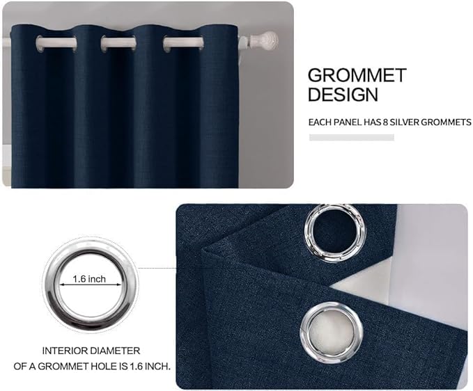 MIULEE 100% Blackout Linen Textured Curtains for Bedroom Solid Thermal Insulated Midnight Blue Grommet Room Darkening Curtains & Drapes Luxury Decor for Living Room Nursery 52 x 84 Inch (2 Panels)