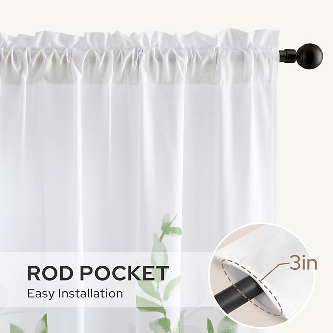 HOMEIDEAS Kitchen Curtains, Short Non-See-Through Privacy 30X24 Inch Length Tier Curtains, Green and White Leaf Floral Print Light Filtering Semi Sheer Small Window Drapes for Bathroom Cafe, 2 Panels