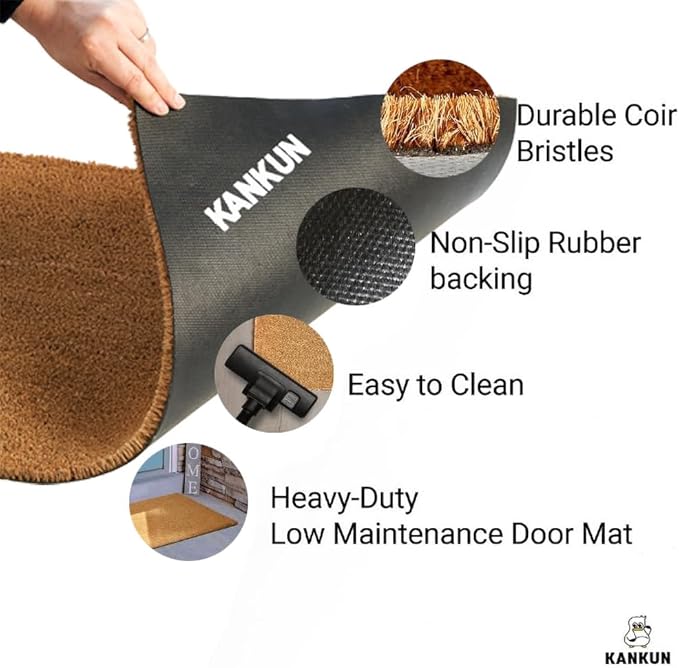 KANKUN Coco Coir Door Mat with Heavy Duty Backing, Welcome Doormat (17" x 30"), Doormat Entrance (Border)