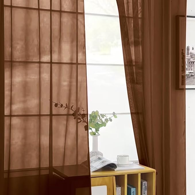 SpaceDresser Brown Sheer Curtains 4 Panels Rod Pocket Semi-Sheer Curtain 54 Inches Long Light Filtering Voile Window Drapes for Bedroom Living Room Kitchen, Each 52W x54L