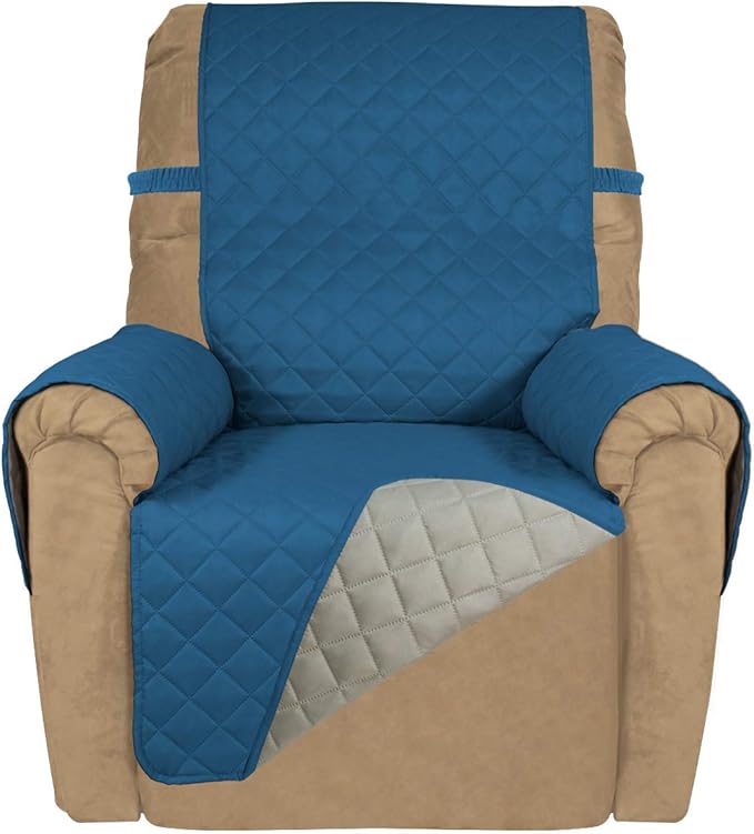 PureFit Reversible Quilted Sofa Cover, Water Resistant Slipcover Furniture Protector, Washable Couch Cover with Non Slip and Elastic Straps for Kids, Dogs, Pets (Small Recliner, Peacock Blue/Beige)