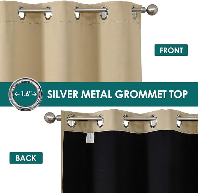 ChrisDowa 100% Blackout Curtains for Bedroom with Black Liner, 2 Thick Layers Total Blackout Thermal Insulated Grommet Small Window Curtains 2 Panels Set (Beige, 42 x 45 Inch)