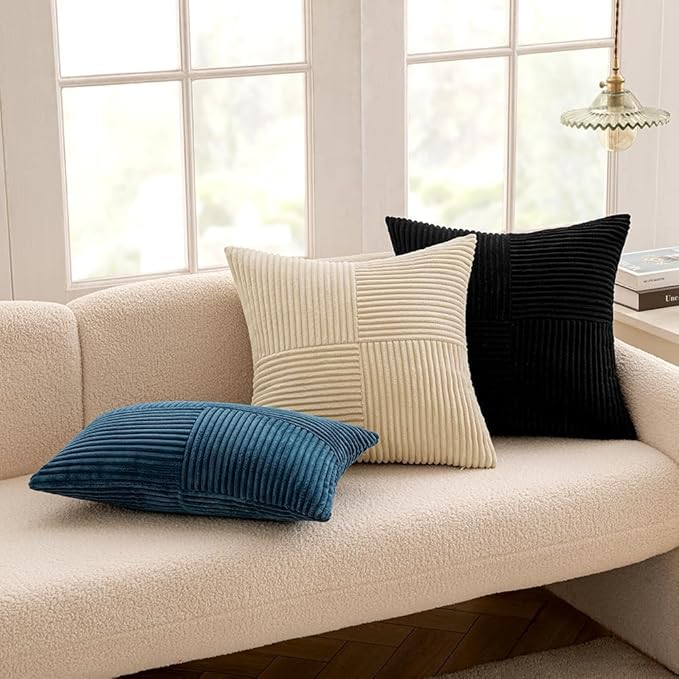 MIULEE Black Decorative Euro Sham Pillow Covers 24x24 Inch for Bed Couch Sofa Pack of 2 Boho Farmhouse Throw Pillows Soft Cross Corduroy Patchwork Textured Cushion Cases