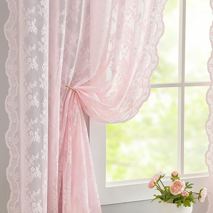 YJ YANJUN Vintage Lace Curtains Short Pink Floral Curtains 54 inch Length 2 Panels for Kitchen Living Room Bedroom Bathroom Window Voile Sheer Panels Baby Girl Nursery Decor 52" W x 54" L, Pink