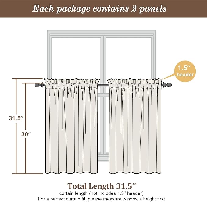 Chyhomenyc Mustard Yellow Short Sheer Curtains 30 inch Length, Light Filtering Half Window Curtians for Kitchen, Elegant Small Curtain for Basement Bathroom Cabinet, 42Wx30L inches, 2 Panels