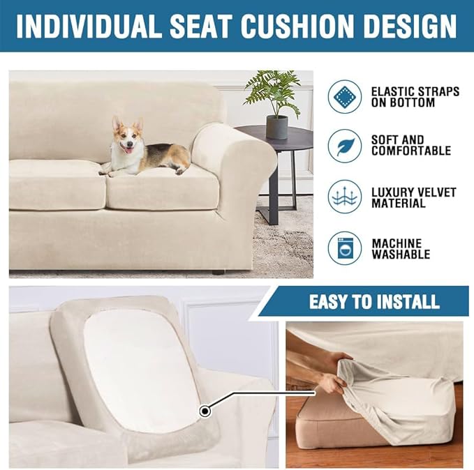 H.VERSAILTEX Real Velvet Plush 3 Piece Stretch Sofa Covers Couch Covers for 2 Cushion Couch Sofa Slipcovers Width Up to 90 Inch Feature Thick Soft Stay in Place (Sofa, Cream)