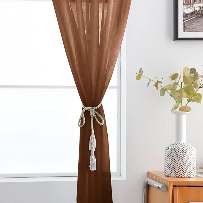 SpaceDresser Brown Sheer Curtains 4 Panels Rod Pocket Semi-Sheer Curtain 63 Inches Long Light Filtering Voile Window Drapes for Bedroom Living Room Kitchen, Each 52W x 63L