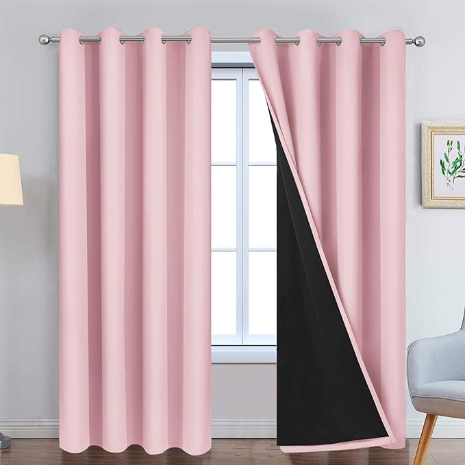Yakamok Total Blackout Curtains, 2 Thick Layers Completely Blackout Thermal Insulated Drapes with Black Liner for Bedroom(52Wx96L, Pink, 2 Panels)