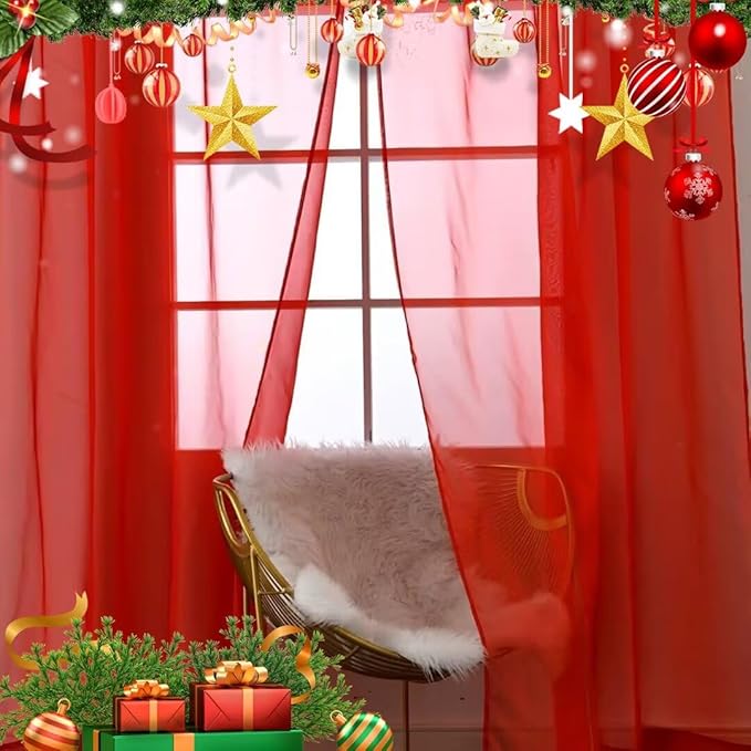 SpaceDresser Sheer Voile Window Treatment Rod Pocket Curtain Panels for Kitchen Bedroom Living Room Drapes Sunlight Filtering Privacy Semi Home Decor Assorted (Red, 52 W x 63 L)
