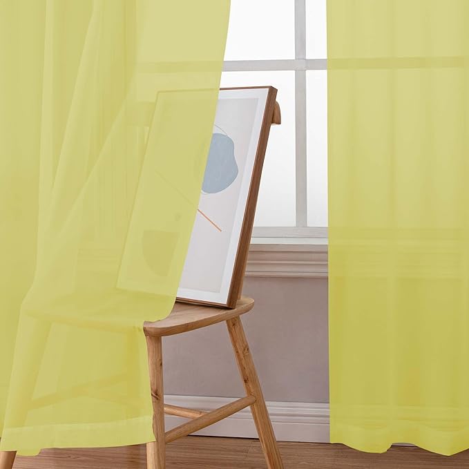 Chyhomenyc Sheer Curtains 108 Inch Length 2 Panels Set, Extra Long Light Filtering Solid Voile Window Drapes for Living Room Bedroom, 42Wx108L, 9FT Length, Set of 2, Lemon