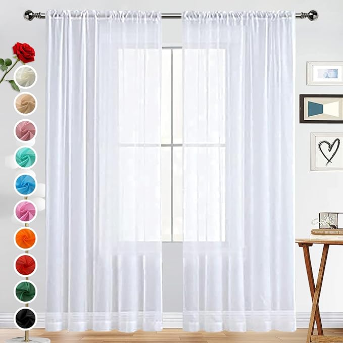 SpaceDresser Basic Rod Pocket Sheer Voile Window Curtain Panels White 1 Pair 2 Panels 52 Width 63 Inch Long for Kitchen Bedroom Children Living Room Yard(White,52 W x 63 L)