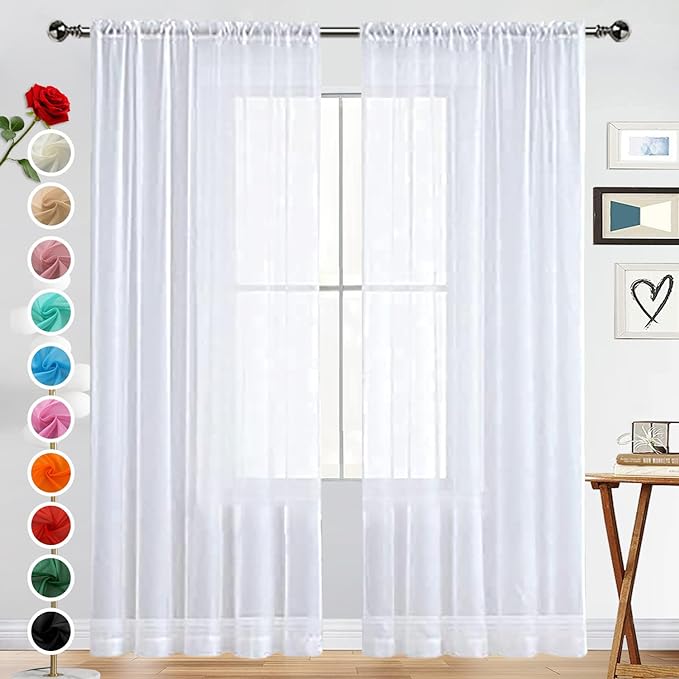 SpaceDresser Basic Rod Pocket Sheer Voile Window Curtain Panels White 1 Pair 2 Panels 60 Width 72 Inch Long for Kitchen Bedroom Children Living Room Yard(White,60 W x 72 L)
