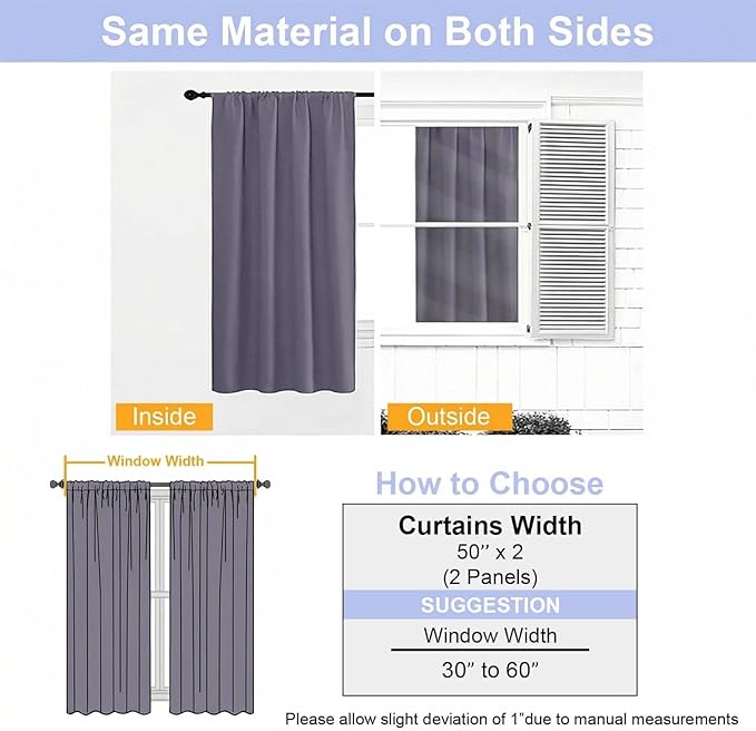 Simplebrand Ava Blackout Curtains for Patio 108 Inches Long 2 Panels Set, Solid Thermal Insulated Room Darkening Rod Pocket Window Treatment Curtains Blackout Drapes, W50 x L108 Inch, Greyish Purple