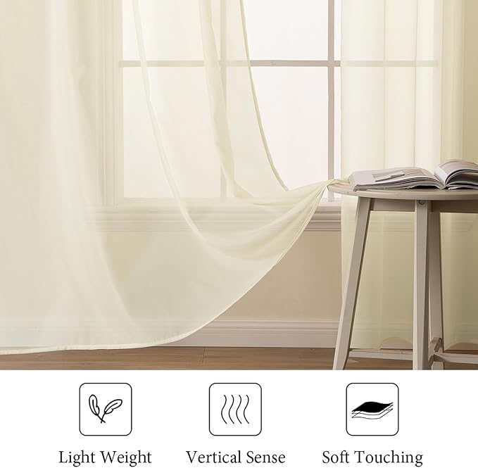 MIULEE 2 Panels Solid Color Light Cream Sheer Window Curtains Elegant Window Voile Panels/Drapes/Treatment for Bedroom Living Room (54 X 63 Inches Light Cream)