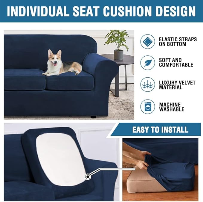 H.VERSAILTEX Real Velvet Plush 3 Piece Stretch Sofa Covers Couch Covers for 2 Cushion Couch Loveseat Covers Width Up to 72 Inch Feature Thick Soft Stay in Place (Medium Sofa, Navy)