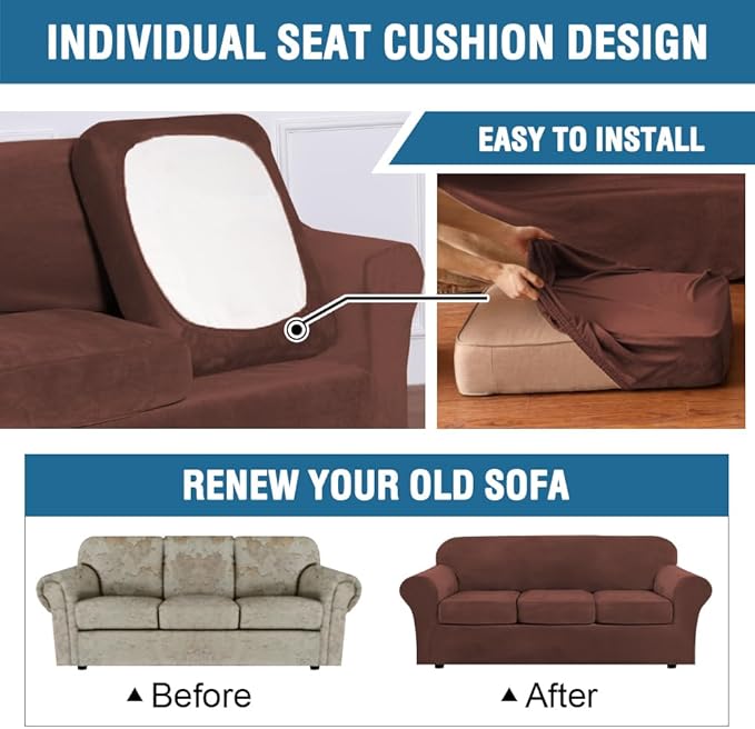 H.VERSAILTEX High Stretch Sofa Slipcover 4 Piece Cover Velvet Furniture Protector Form Fit Thick Velvet Extra Large Sofa Cover for 3 Cushion Couch Width Up to 97 Inch (Large Sofa, Burnt Brick)
