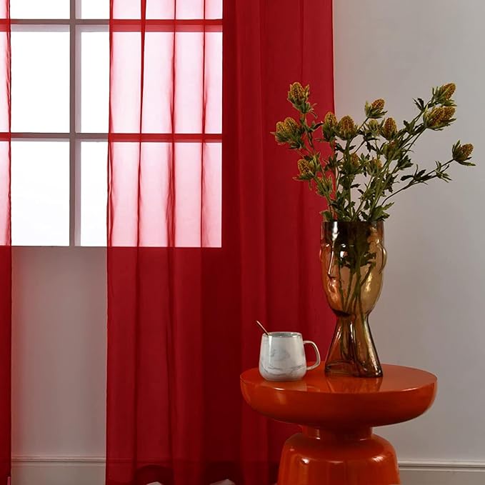 SpaceDresser Christmas Red Sheer Curtains 4 Panels Rod Pocket Semi-Sheer Curtain 54 Inches Long Light Filtering Voile Window Drapes for Bedroom Living Room Kitchen, Each 52W x54L