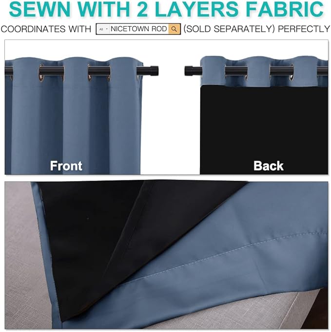 NICETOWN 100% Blackout Curtains 84 inches Long, Pair of Energy Smart & Noise Blocking Out Drapes for Baby Room Window, Thermal Insulated Guest Room Lined Window Dressing (Stone Blue, 52 inches Wide)
