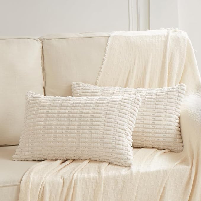 Fancy Homi 4 Packs Boho Cream Decorative Throw Pillow Covers 12x20 Inch for Living Room Couch Bed Sofa, Rustic Modern Farmhouse Home Decor, Soft Plush Corduroy Beige Cute Square Cushion Case 30x50 cm