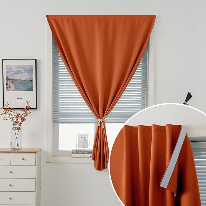 Self Adhesive Curtains Portable Blackout Curtain Simple and Easy to Install Bedroom Window Thermal Lnsulated Kitchen Room Darkening Black Small Drapes, 59" W X 84" L, Orange, 1 Panel