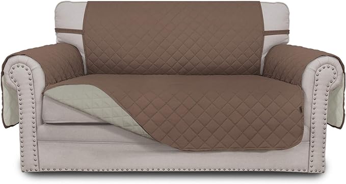 Easy-Going Reversible Loveseat Couch Cover for 2 Cushion Couch Sofa Cover for Dogs Water Resistant Furniture Protector with Foam Sticks Elastic Straps for Pet (Loveseat, Brown/Beige)