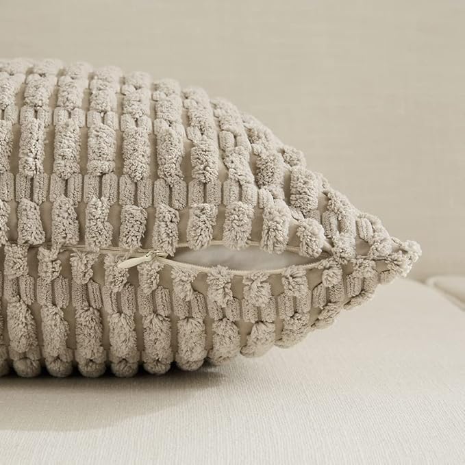 Fancy Homi Set of 4 Grey and White Long Lumbar Rectangle Decorative Throw Pillow Covers 12x24 Inch for Couch Bed Chair, Farmhouse Boho Room Decor, Soft Fuzzy Corduroy Textured Cushion Case 30x60cm