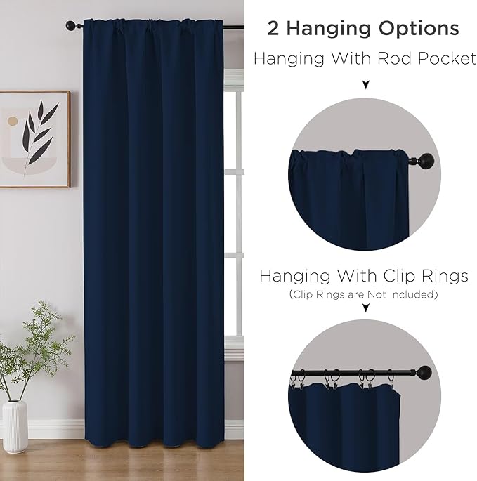 CUCRAF Navy Blue Blackout Curtains 108 inch Length 2 Panels Set, Rod Pocket Room Darkening Drapes for Bedroom Living Room, Insulated Thermal Light Blocking Window Curtain (W52 x L108 Inch)