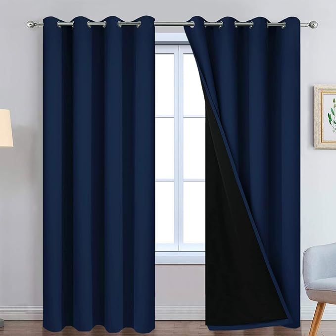 Yakamok Navy Blue 100% Blackout Curtains Energy Saving Thermal Insulated 2 Thick Layers Completely Blackout Drapes with Black Liner for Bedroom (52Wx90L, Navy Blue, 2 Panels)