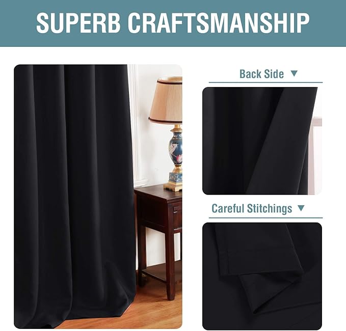 H.VERSAILTEX Blackout Curtains for Bedroom Black Out Curtains 102 inch Thermal Insulated Long Blackout Curtains for Living Room, Energy Saving Curtains for Sliding Glass Door (1 Panel, Jet Black)