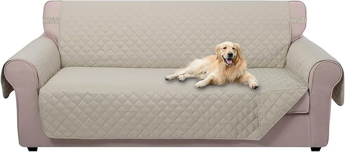 U-NICE HOME 4 Seater Sofa Cover 91 Inch Large Couch Covers for 4 Cushion Couch with Elastic Straps Water Resistant Furniture Protector Cover for Pets Cat (Sofa XX-Large, Beige/Beige)