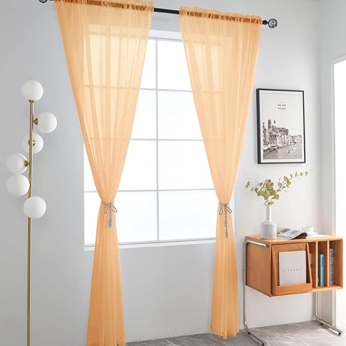 SpaceDresser Sheer Voile Window Treatment Rod Pocket Curtain Panels for Kitchen Bedroom Living Room Drapes Sunlight Filtering Privacy Semi Home Decor Assorted Colors Sizes (Beige, 52 W x 96 L)