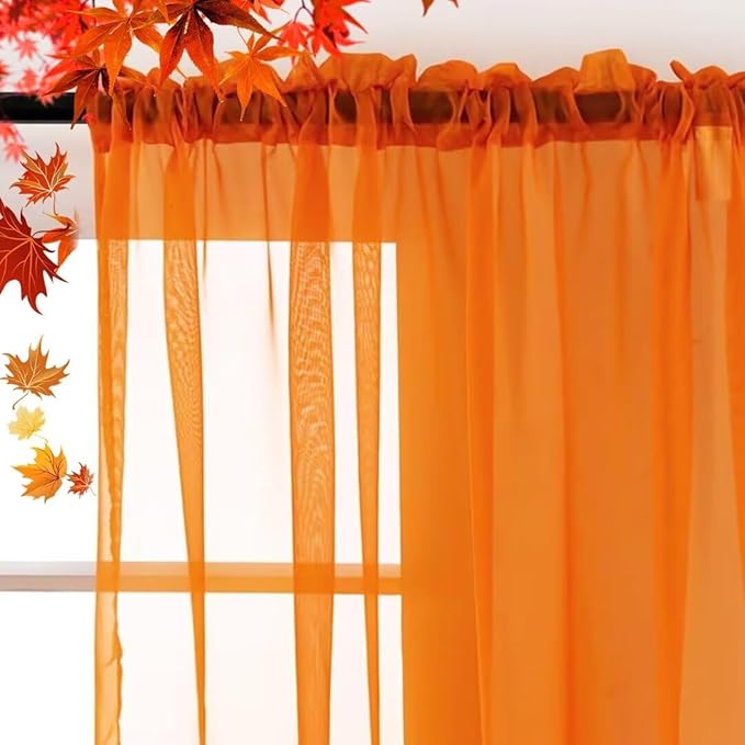 SpaceDresser Basic Rod Pocket Sheer Voile Window Curtain Panels Orange 2 Panels 52 Width 84 Inch Long for Kitchen Bedroom Children Living Room Yard(Orange,52 W x 84 L)