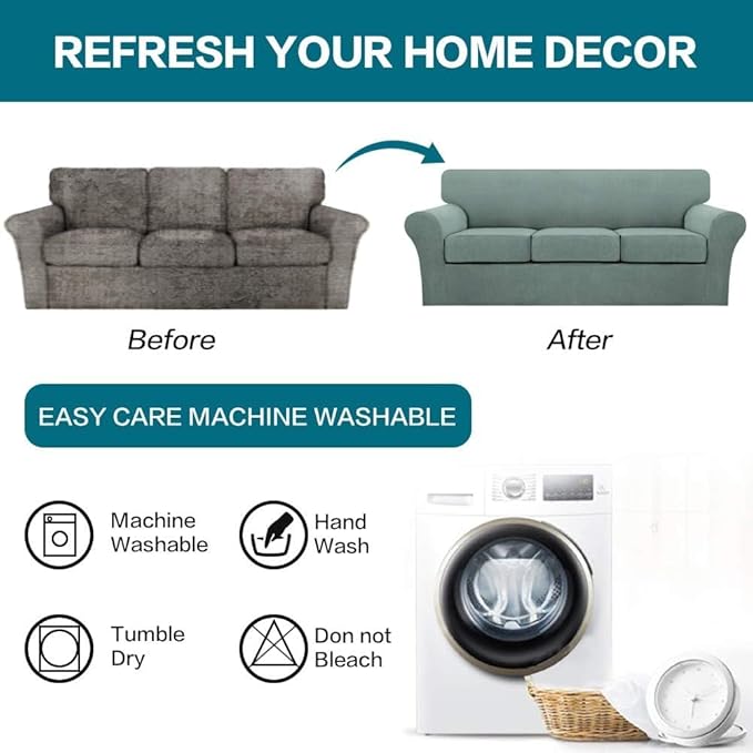 Turquoize 4 Piece Sofa Covers for 3 Cushion Couch Sofa Slipcover Soft Couch Cover for Dogs Washable Furniture Cover with 3 Individual Large Cushion Covers Feature Fabric (Large Sofa, Dark Cyan)