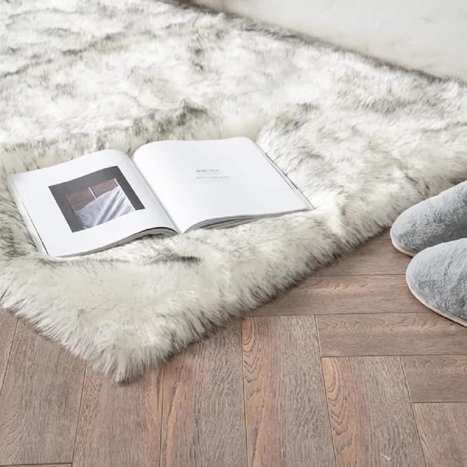 ORINOVA 5x7 Area Rug White and Gray Washable Shaggy Faux Sheepskin Fur Rug for Living Room Large Nursery Rug Teen Room Home Décor