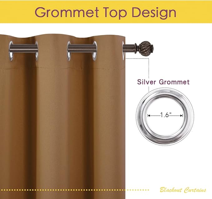 NICETOWN Bedroom Curtains Blackout Drapery Panels, 2 Panels, 70 x 72 inches, Gold Brown, Three Pass Microfiber Thermal Insulated Solid Ring Top Blackout Window Curtains/Drapes