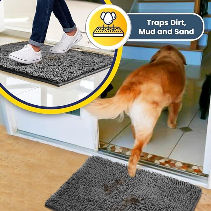 Muddy Mat® | Super Absorbent Door Mat Indoor, Microfiber Quick Dry Chenille Entryway Rug, Non-Slip Front Door Mat, Indoor Mats for Entryway, Machine Washable Pet Rug, Grey 5ft x 7ft