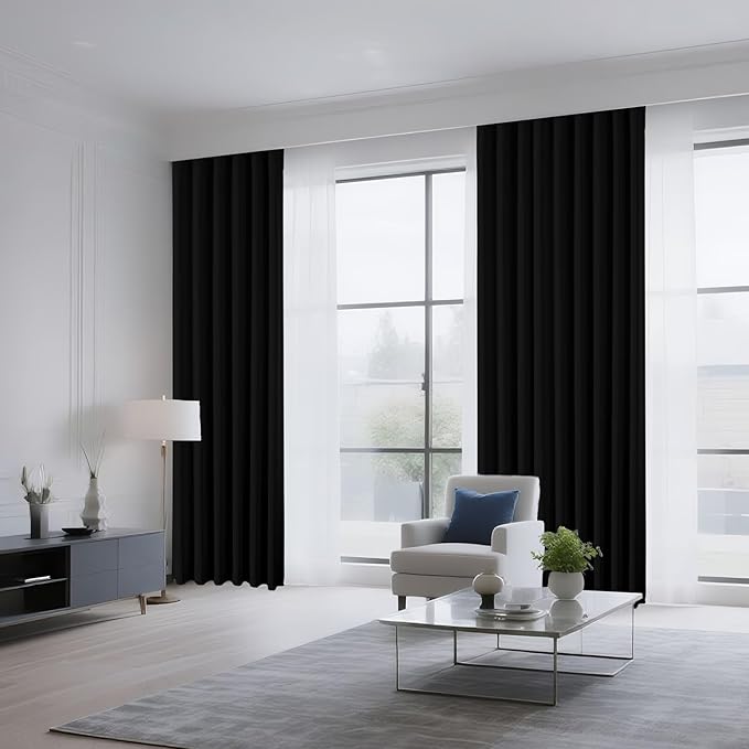 CUCRAF Black Blackout Curtains 90 inch Length 2 Panels Set, Rod Pocket Room Darkening Drapes for Bedroom Living Room, Insulated Thermal Light Blocking Window Curtain (W52 x L90 Inch)