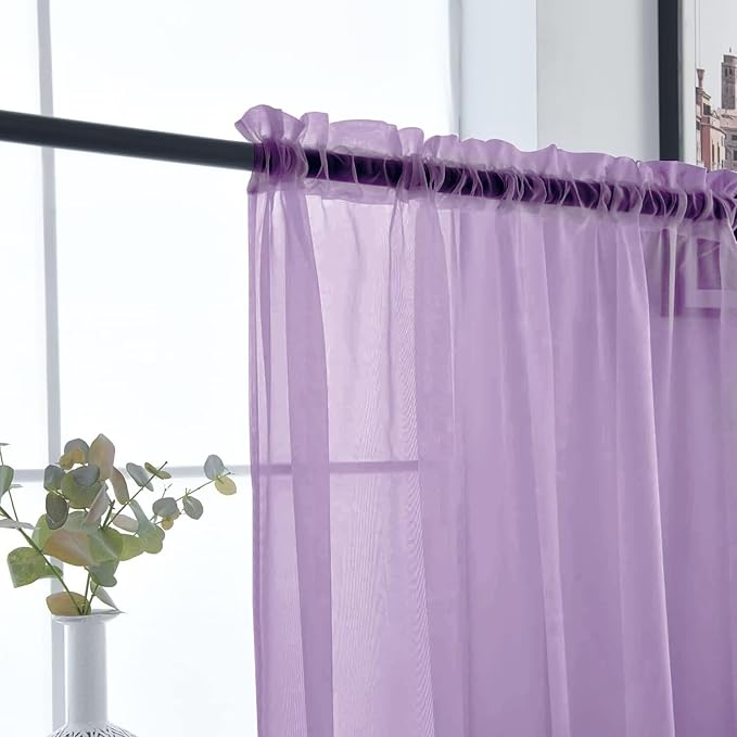 SpaceDresser Sheer Voile Window Treatment Rod Pocket Curtain Panels for Kitchen Bedroom Living Room Drapes Sunlight Filtering Privacy Semi Home Decor Assorted (Lavender, 52 W x 63 L)