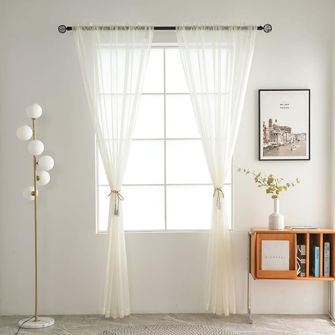 SpaceDresser Basic Rod Pocket Sheer Voile Window Curtain Panels White 1 Pair 2 Panels 38 Width 45 Inch Long for Kitchen Bedroom Children Living Room Yard(Ivory,38 W x 45 L)