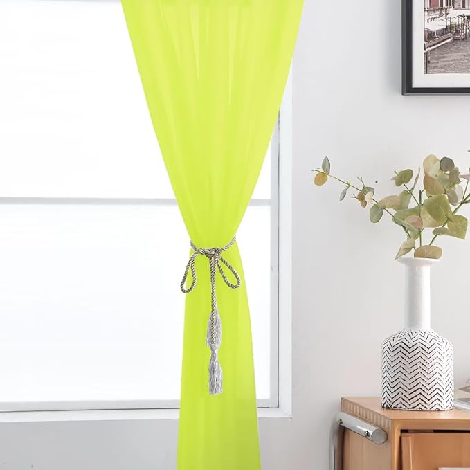 SpaceDresser Basic Rod Pocket Sheer Voile Window Curtain Panels Chartreuse 1 Pair 2 Panels 52 Width 108 Inch Long for Kitchen Bedroom Children Living Room Yard（Chartreuse, 52W x 108L）