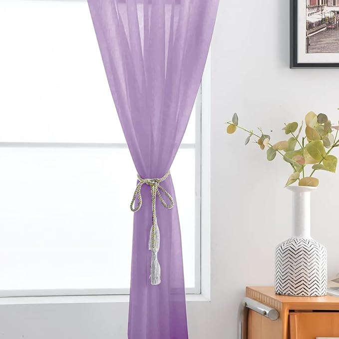 SpaceDresser Sheer Voile Window Treatment Rod Pocket Curtain Panels for Kitchen Bedroom Living Room Drapes Sunlight Filtering Privacy Semi Home Decor Assorted (Lavender, 52 W x 84 L)