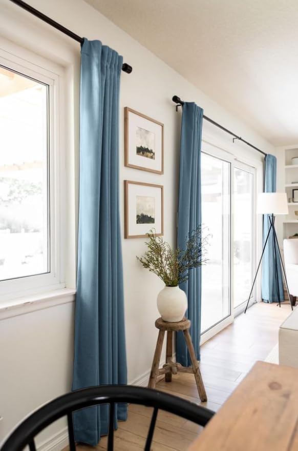100% Blackout Shield Linen Blackout Curtains for Bedroom 96 Inches Long, Back Tab/Rod Pocket Living Room Drapes, Thermal Insulated Blackout Curtains 2 Panels Set, 50" W x 96" L, Stone Blue