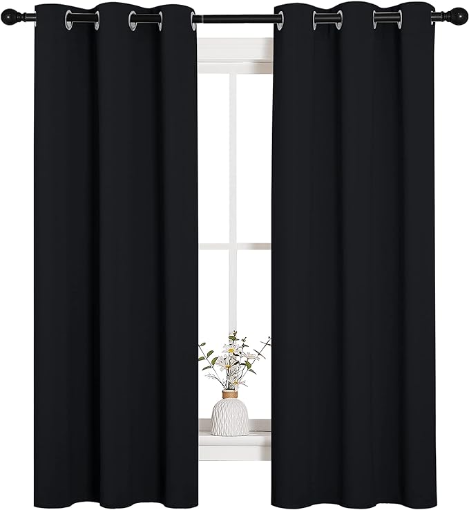 NICETOWN Living Room Blackout Curtains and Drapes, Black Solid Thermal Insulated Grommet Blackout Drapery Panels for Window (2 Panels, 34 inches Wide by 63 inches Long, Black)