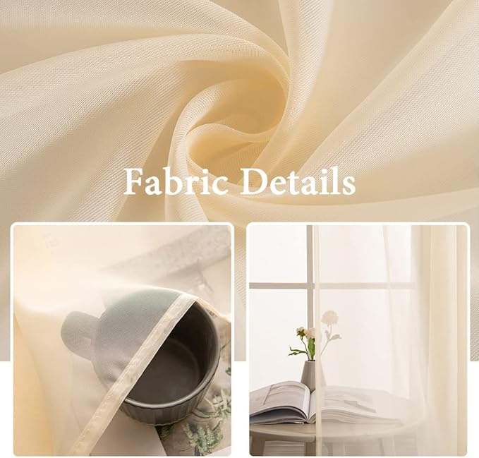 MIULEE Cream Beige Window Sheer Curtains for Bedroom Living Room Solid Elegant Net Drapes 2 Panels Width 38 x Length 63 Inches