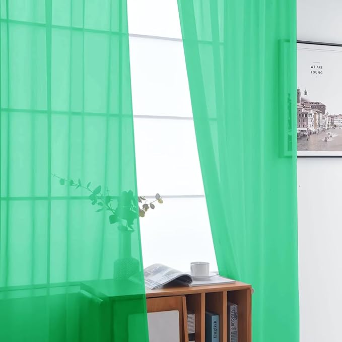 SpaceDresser Basic Rod Pocket Sheer Voile Window Curtain Panels Grass Green 1 Pair 2 Panels 52 Width 96 Inch Long for Kitchen Bedroom Children Living Room Yard（Grass Green, 52W x 96L）
